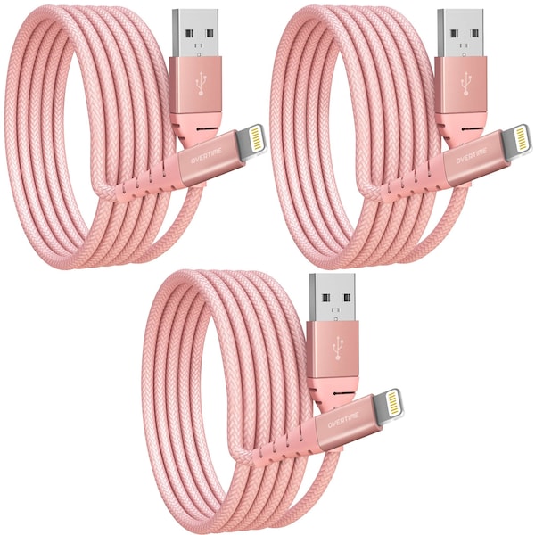 Overtime Lightning Charger Set of 3, 10ft iPhone Charger Cable, Apple MFi Certified, Rose Gold OTDCIP10BRGX3 - main